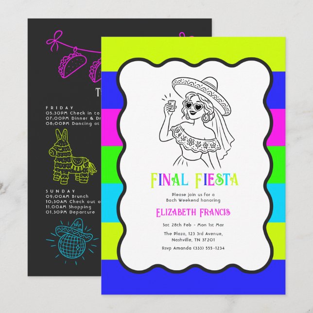 Electric Neon Final Fiesta Bachelorette Weekend Invitation (Front/Back)