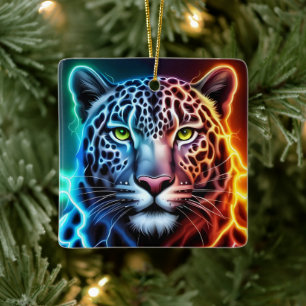 Electric Neon Leopard - Glowing Animal Design  Ceramic Ornament