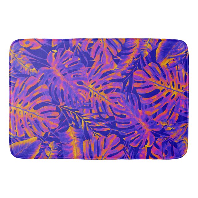 Electric Orange Blue Tropical Palm Leaves Island Bath Mat (Front)