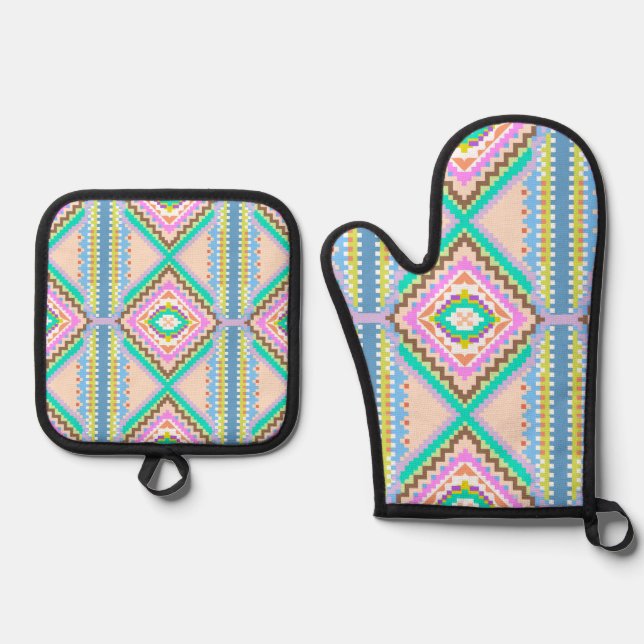 Electric Pastel Dream Kaleidoscope Oven Mitt & Pot Holder Set (Front)