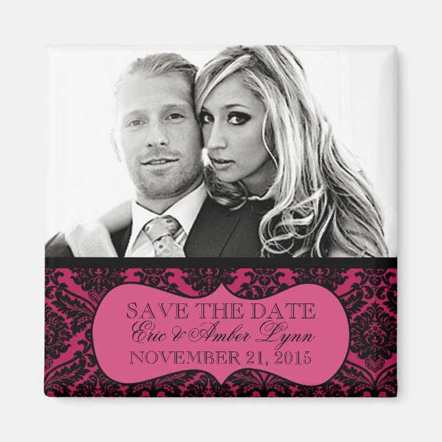 Electric Pink Lavish Damask Save the Date Magnet (Front)