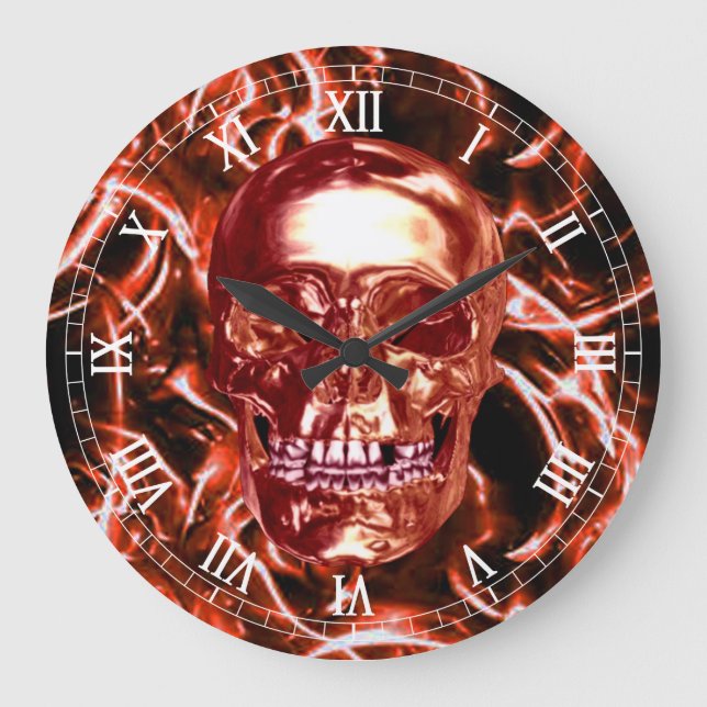 Electric Red Chrome Skull Roman Numerals Clock (Front)