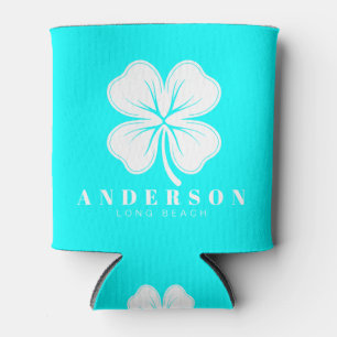 Electric Retro Cyan Four Leaf Clover with Name Can Cooler