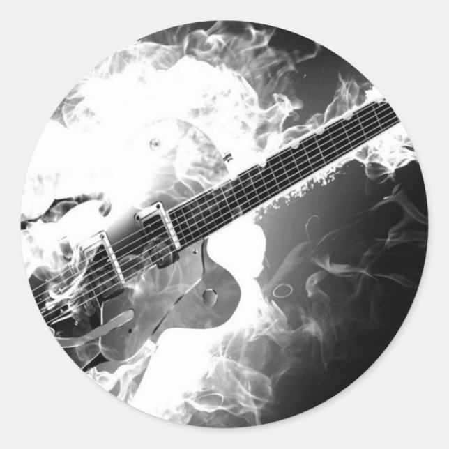 Electric Rockabilly Guitar on Fire Monochrome Classic Round Sticker (Front)