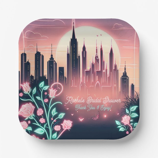 Electric Roses Futuristic  Neon Bridal Shower  Paper Plate (Front)
