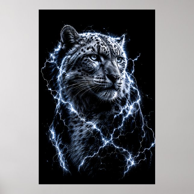 Electric Snow Leopard | Lightning Big Cat Portrait Poster (Front)