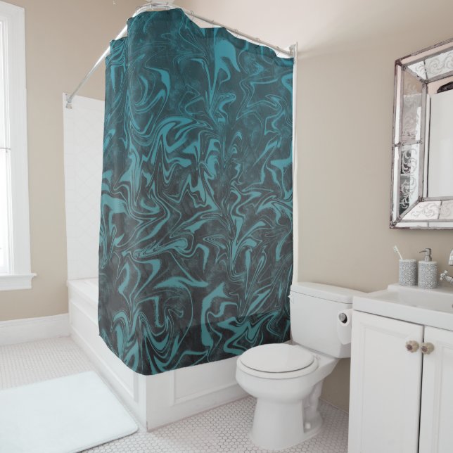 Electric Teal Blue Marble Swirl Shower Curtain (In Situ)