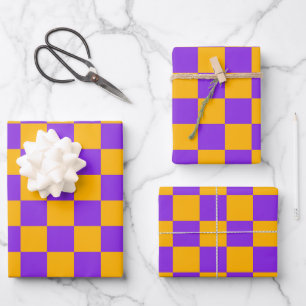 Electric Violet and Golden Amber Checkerboard Wrapping Paper Sheet