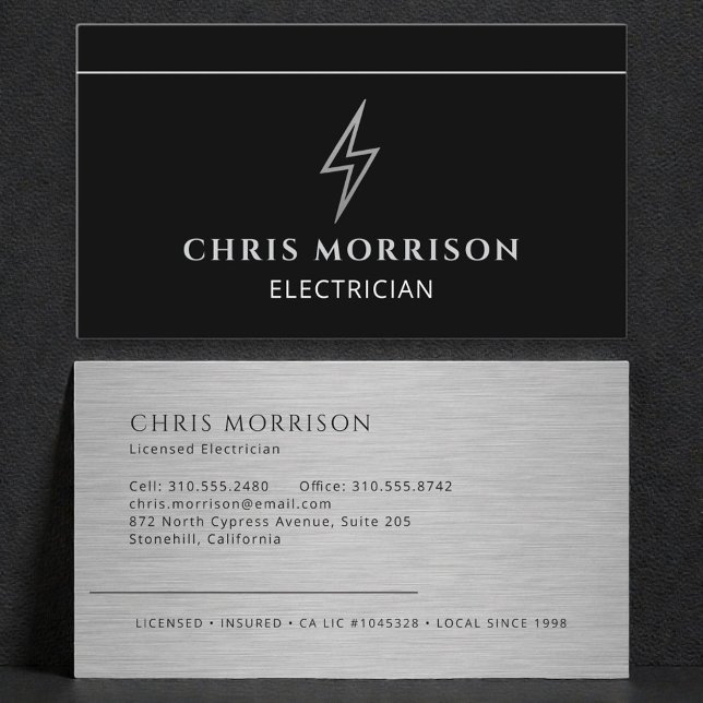 Electrician Black Silver Metallic Contractor Business Card (Creator Uploaded)