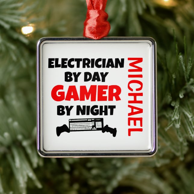 Electrician Loves Playing Video Games CUSTOM Metal Ornament (Tree)