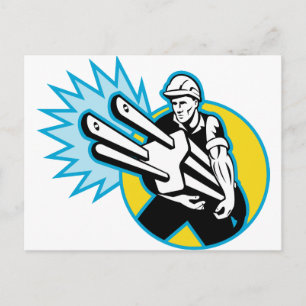 Electrician or power lineman carrying a plug postcard