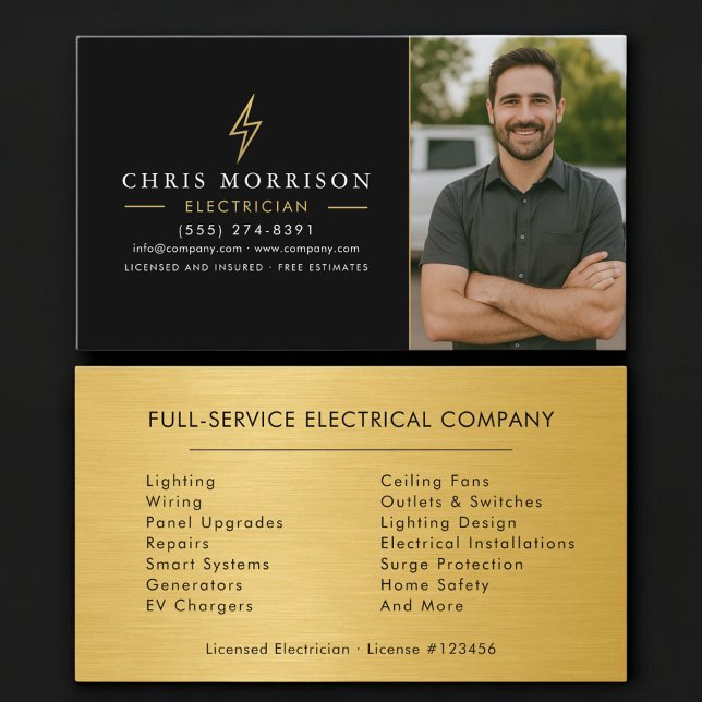 Electrician Photo Metal Black Gold  Business Card (Creator Uploaded)