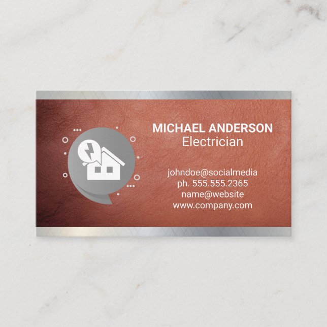 Electricity and Home Logo | Metal Leather Business Card (Front)
