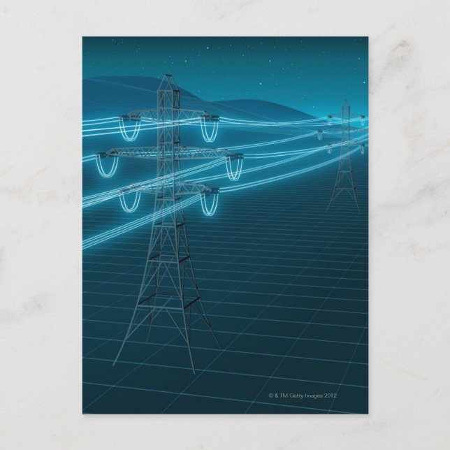 Electricity pylon with glowing power lines 2 postcard (Front)