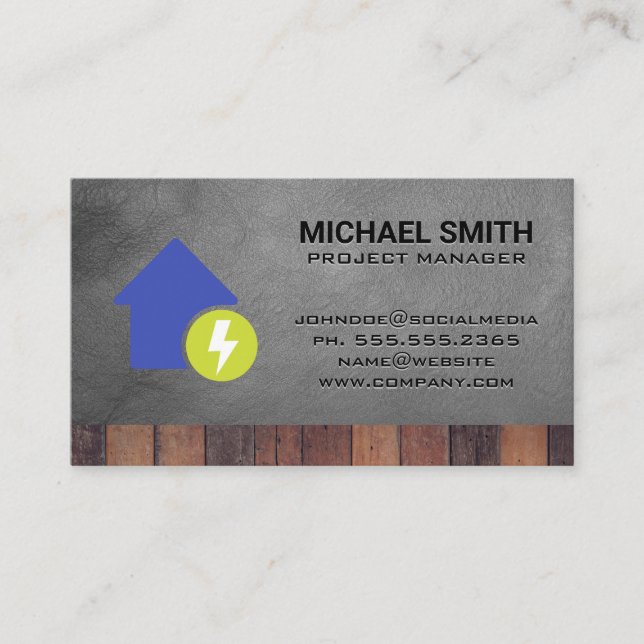 Electricity | Tools | Wood Leather Background Business Card (Front)