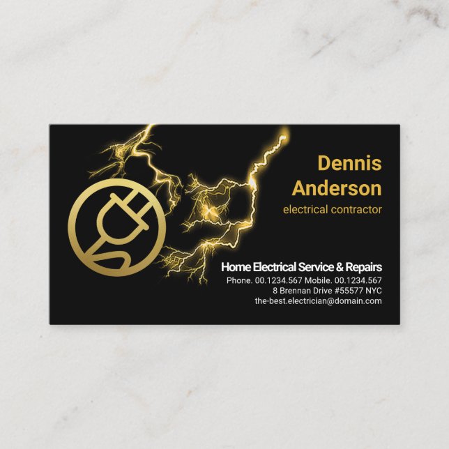 Electrified Gold Power Plug Yellow Lightnings Business Card (Front)