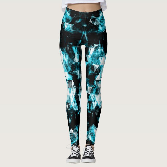 Electrifying blue sparkly triangle flames leggings (Front)