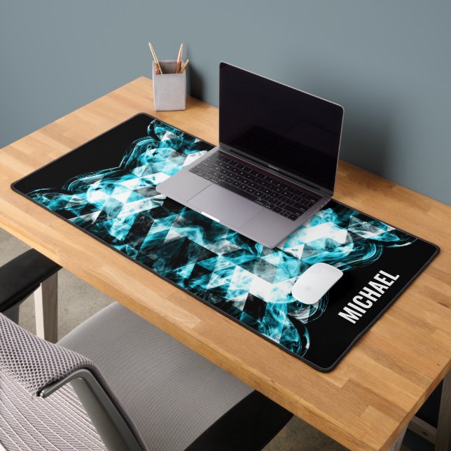 Electrifying blue sparkly triangle flames Monogram Desk Mat (Office 2)