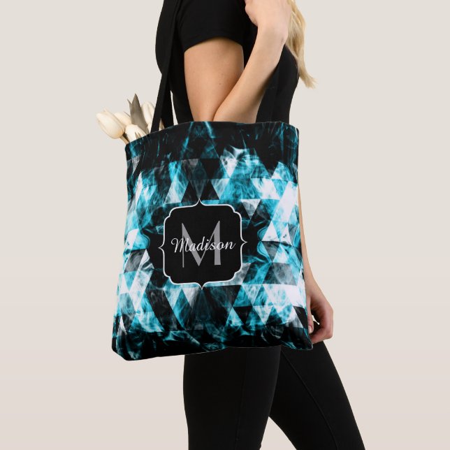Electrifying blue sparkly triangle flames Monogram Tote Bag (Close Up)