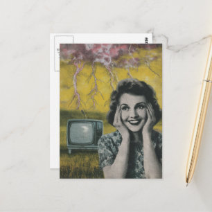 electrifying collage of a woman pink yelllow sky postcard