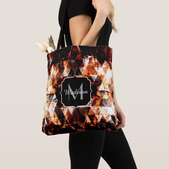 Electrifying orange sparkly triangle fire Monogram Tote Bag (Close Up)