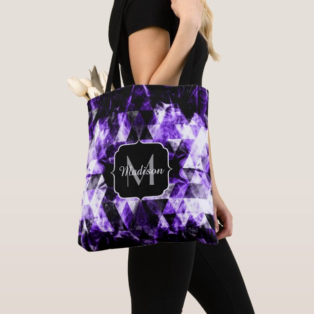 Electrifying purple violet sparkly Monogram Tote Bag (Close Up)