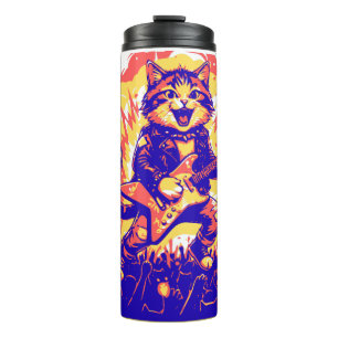 Electrifying Rockstar Cat Playing Guitar Thermal Tumbler