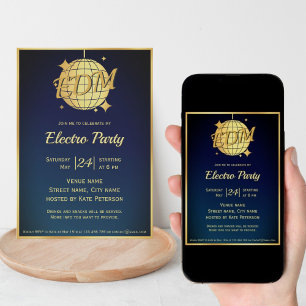Electro EDM themed gold disco ball party  Invitation