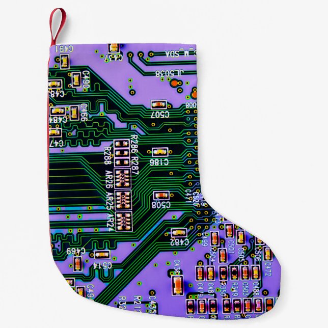 Electronic circuit board close up. background,boar small christmas stocking (Front)