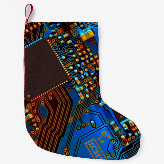 Electronic circuit board close up. background,boar small christmas stocking (Front)