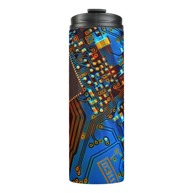 Electronic circuit board close up. background,boar thermal tumbler (Front)