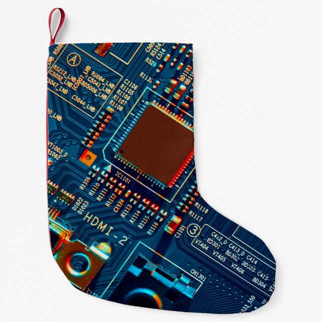 Electronic circuit board close up. electronic,micr small christmas stocking (Front)