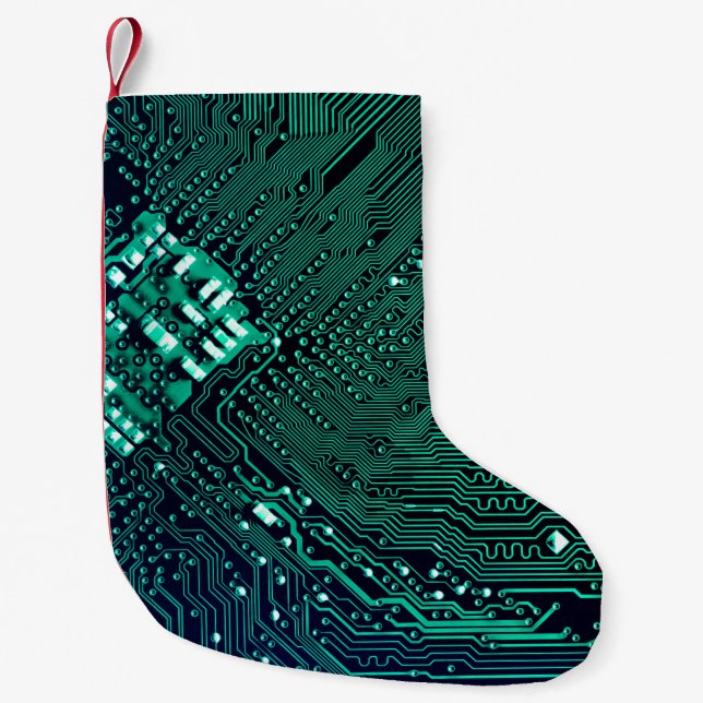 Electronic circuite board background,abstract,blue small christmas stocking (Front)