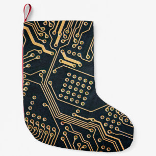 Electronic components, computer card close-up, small christmas stocking