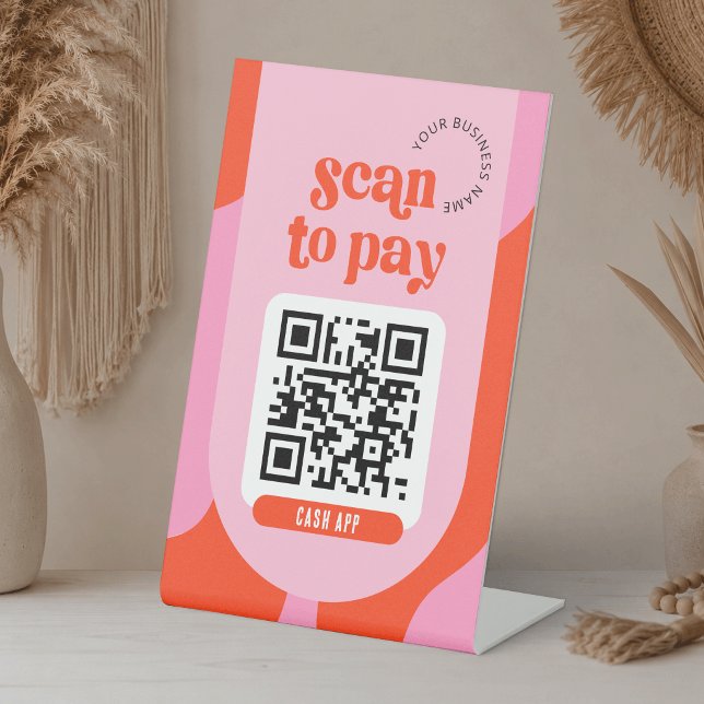 Electronic Payment QR Code Groovy Pink & Red Pedestal Sign (Creator Uploaded)