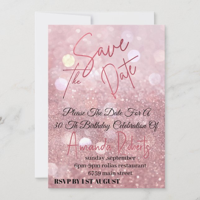 Electronic Save the Date, Rose Gold Glitter Digita Invitation (Front)