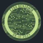 Electronics Computer Circuit Board Bar Mitzvah Classic Round Sticker<br><div class="desc">Green computer circuit board Bar Mitzvah envelope seal or favour sticker. This non-traditional computer motherboard or electronics inspired design features a subtle Jewish Star of David along with circuitry as you'd see on an electronic circuit board. These elements are paired with digital computer fonts. The colours are various shades of...</div>