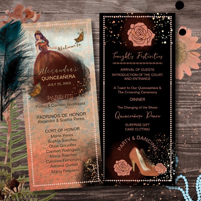 ElegaLuxe Metallic Copper Quinceanera Program (Elegant Vintage Copper Rose Quinceañera Program)