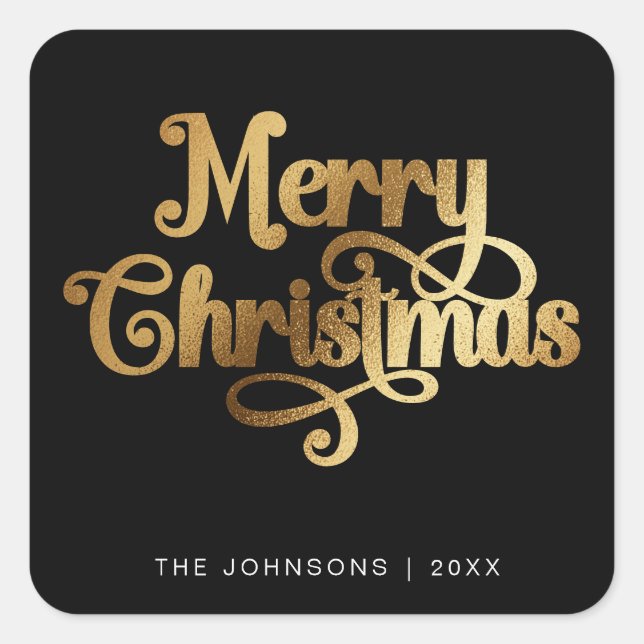 Elegan Black & Gold Merry Christmas Script Custom Square Sticker (Front)