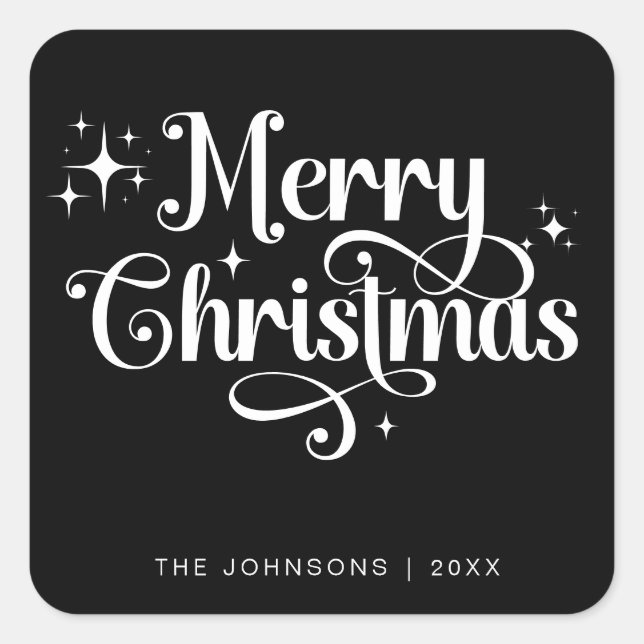 Elegan Black Merry Christmas Retro Script Custom Square Sticker (Front)