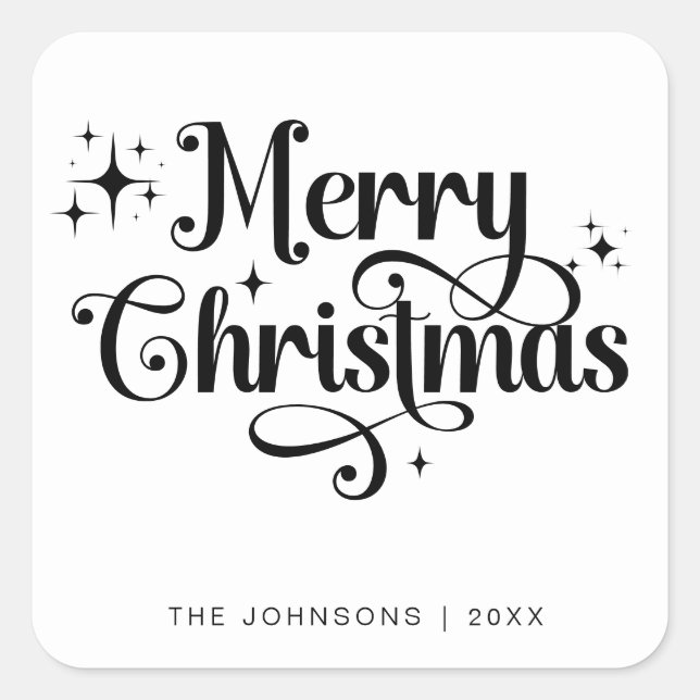 Elegan Black & White Merry Christmas Script Custom Square Sticker (Front)
