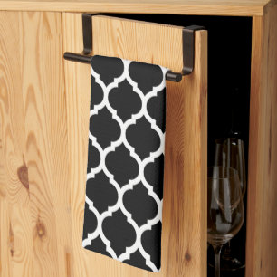 Elegan Black White Moroccan Quatrefoil Pattern Bat Tea Towel
