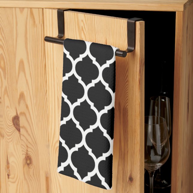 Elegan Black White Moroccan Quatrefoil Pattern Bat Tea Towel (Thirds Fold)