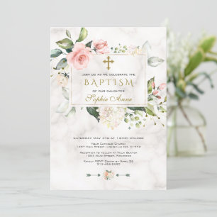 Elegan Blush Pink Floral Marble Gold Cross Baptism Invitation