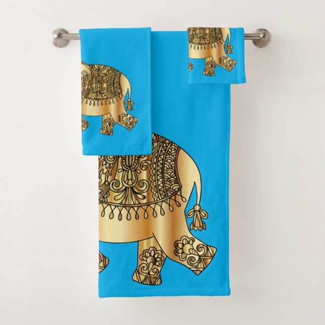 Elegan Gold Paisley Elephant Blue Bath Towel Set (Insitu)