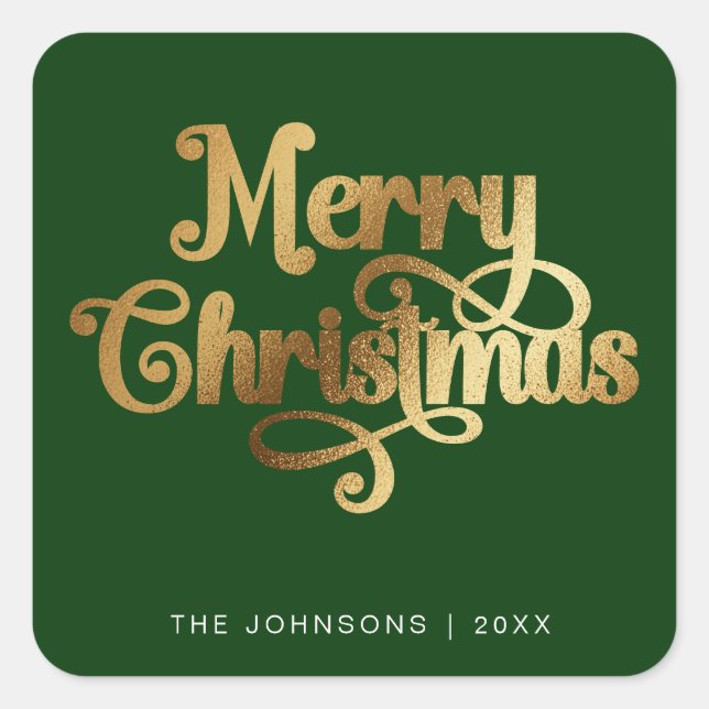 Elegan Green & Gold Merry Christmas Script Custom Square Sticker (Front)