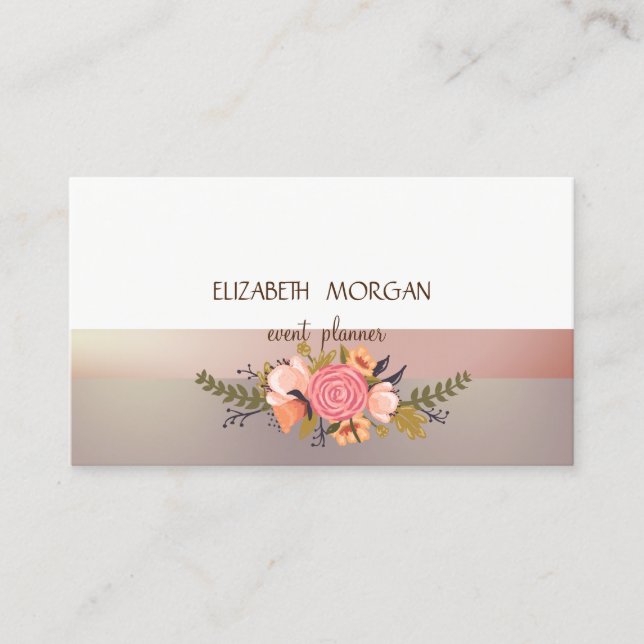Elegan Modern   Pink Stripe, Watercolor Flower Business Card (Front)