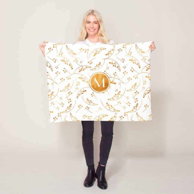 Elegan monogram gold berry pattern on white fleece blanket (In Situ)