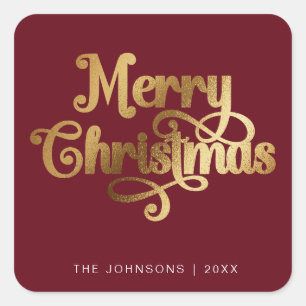 Elegan Red & Gold Merry Christmas Script Custom Square Sticker
