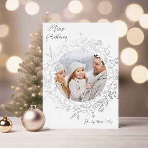Elegan Wildflower Merry Christmas Photo Silver Foil Holiday Card